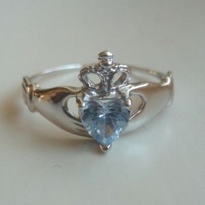 Aquamarine 14k White Gold Claddagh Ring Size 6
